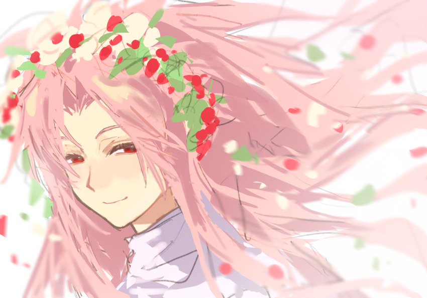 1boy closed_mouth curtained_hair floating_hair hatsutori_hajime head_wreath highres ling_zhiyun long_hair looking_at_viewer male_focus parted_bangs pink_hair portrait red_eyes saibou_shinkyoku shirt sketch smile solo very_long_hair white_shirt