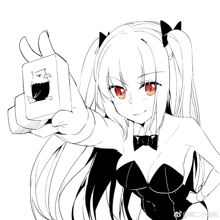 1girl aer_(tengqiu) bare_shoulders blunt_bangs blush bow bowtie breasts cleavage closed_mouth covered_navel detached_collar essex_(warship_girls_r) greyscale hand_on_own_hip highres holding leotard long_hair looking_at_viewer medium_breasts monochrome pantyhose phone playboy_bunny red_eyes simple_background smile solo spot_color strapless strapless_leotard twintails two_side_up warship_girls_r watermark weibo_watermark white_background wrist_cuffs