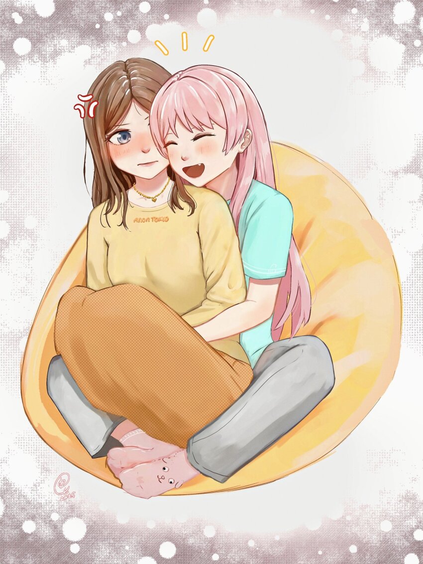 2girls anger_vein anon_tokyo_(bang_dream!) bang_dream! bang_dream!_it&#039;s_mygo!!!!! bean_bag between_legs blue_shirt brown_hair chihaya_anon closed_eyes closed_mouth commentary_request fang grey_eyes grey_pants harune28 heart heart_necklace highres hug hug_from_behind jewelry long_hair long_sleeves multiple_girls nagasaki_soyo necklace notice_lines one_eye_closed open_mouth orange_skirt pants pink_hair pink_socks shirt short_sleeves sitting skirt smile socks yellow_shirt yuri