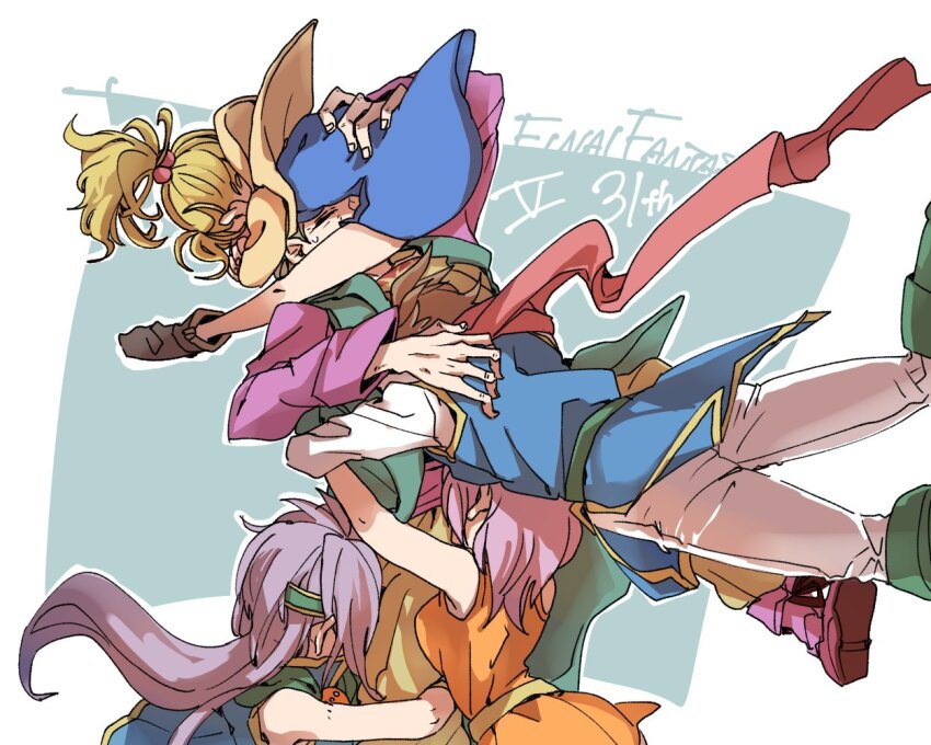 2boys 3girls arms_around_neck arms_around_waist bare_shoulders bartz_klauser belt blonde_hair blue_dress blue_tunic boots breasts brown_footwear brown_hair closed_eyes dress faris_scherwiz feet_out_of_frame final_fantasy final_fantasy_v full_body galuf_halm_baldesion grandfather_and_granddaughter green_belt green_footwear green_headband grey_hair group_hug hair_bobbles hair_ornament headband hug jacket krile_mayer_baldesion_(ff5) lenna_charlotte_tycoon long_hair long_sleeves medium_breasts medium_hair multiple_boys multiple_girls orange_tunic oshibainoticket pants pink_hair ponytail purple_hair purple_shirt red_footwear shirt short_hair sweatdrop tunic upper_body wavy_hair white_pants white_shirt yellow_belt yellow_jacket
