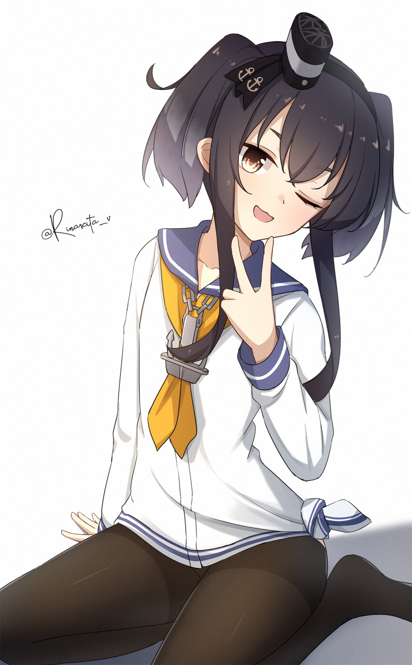 1girl anchor anchor_necklace anchor_symbol aticsanir black_hair black_pantyhose blue_sailor_collar hat highres jewelry kantai_collection long_shirt looking_at_viewer neckerchief necklace one_eye_closed open_mouth pantyhose sailor_collar shirt short_hair short_hair_with_long_locks sitting tied_shirt tokitsukaze_(kancolle) twitter_username v yellow_neckerchief