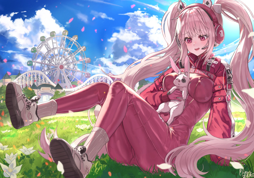 1girl alice_(nikke) animal animal_ear_headphones animal_ears arm_support blue_sky bodysuit breasts cloud cloudy_sky commentary day english_commentary fake_animal_ears ferris_wheel gloves goddess_of_victory:_nikke grass headphones highres holding holding_animal holding_rabbit impossible_bodysuit impossible_clothes knees_up latex latex_bodysuit looking_at_animal medium_breasts minus_zero69 on_ground outdoors pink_bodysuit pink_eyes pink_gloves pink_headphones rabbit shrug_(clothing) skin_tight sky socks twintails white_hair white_socks