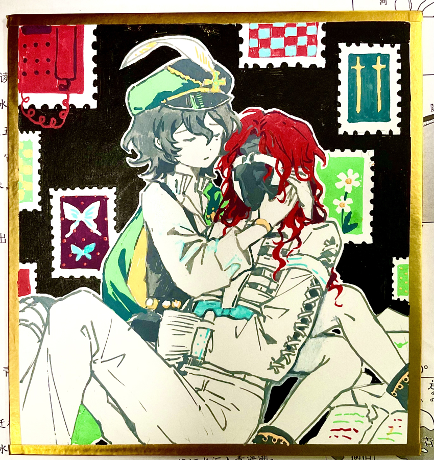 1boy 1girl absurdres aleph_(reverse:1999) black_background black_mask black_vest cape closed_eyes corded_phone covered_face dongfang_shuyechu green_cape green_hat hand_on_another&#039;s_head hat hat_feather highres lying_on_another newsboy_cap pants pantyhose phone photo_(medium) postage_stamp recoleta_(reverse:1999) red_hair reverse:1999 shikishi shirt sitting traditional_media vest white_pants white_pantyhose white_shirt