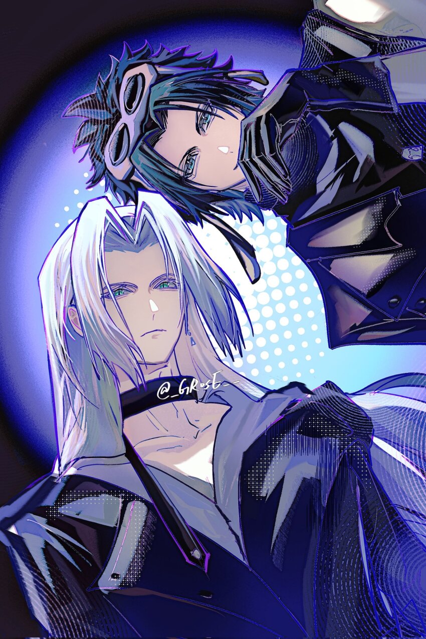 2boys alternate_costume aqua_eyes black_choker black_gloves black_hair black_jacket choker closed_mouth eyewear_on_head final_fantasy final_fantasy_vii from_below frown gloves grey_hair grose highres jacket long_hair looking_at_viewer male_focus medium_hair multiple_boys parted_bangs sephiroth smile twitter_username zack_fair