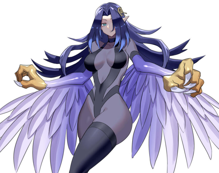 1girl black_one-piece_swimsuit black_thighhighs blue_eyes blue_hair bodystocking breasts claws collarbone covered_collarbone cowboy_shot duel_monster hair_over_one_eye harpie_regina highres large_breasts long_hair one-piece_swimsuit pointy_ears skindentation solo swimsuit talons thighhighs ukimukai winged_arms wings yu-gi-oh! yu-gi-oh!_rush_duel