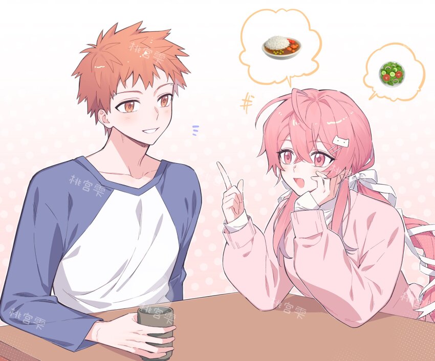 1boy 1girl black_keys_(type-moon) blush bow breasts cat_hair_ornament couple emiya_shirou fate/stay_night fate_(series) hair_ornament heart highres long_hair long_sleeves momomiya_shizuku_(gaoyue_jixiang) oc_x_canon open_mouth orange_hair original pastels pink_eyes pink_hair raglan_sleeves red_hair ribbon shirt skirt smile twintails white_background