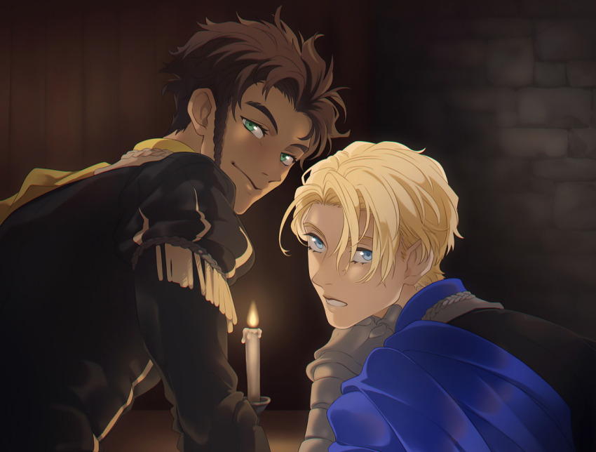 2boys arm_up armored_gloves black_jacket blonde_hair blue_cape blue_eyes braid brown_hair candle candlestand cape claude_von_riegan commentary dark-skinned_male dark_skin dimitri_alexandre_blaiddyd english_commentary fire_emblem fire_emblem:_three_houses garreg_mach_monastery_uniform green_eyes hair_behind_ear head_rest indoors jacket looking_at_viewer male_focus multiple_boys nintendo parted_lips puffy_sleeves ruebird side_braid side_cape single_braid smile tassel teeth upper_body yellow_cape