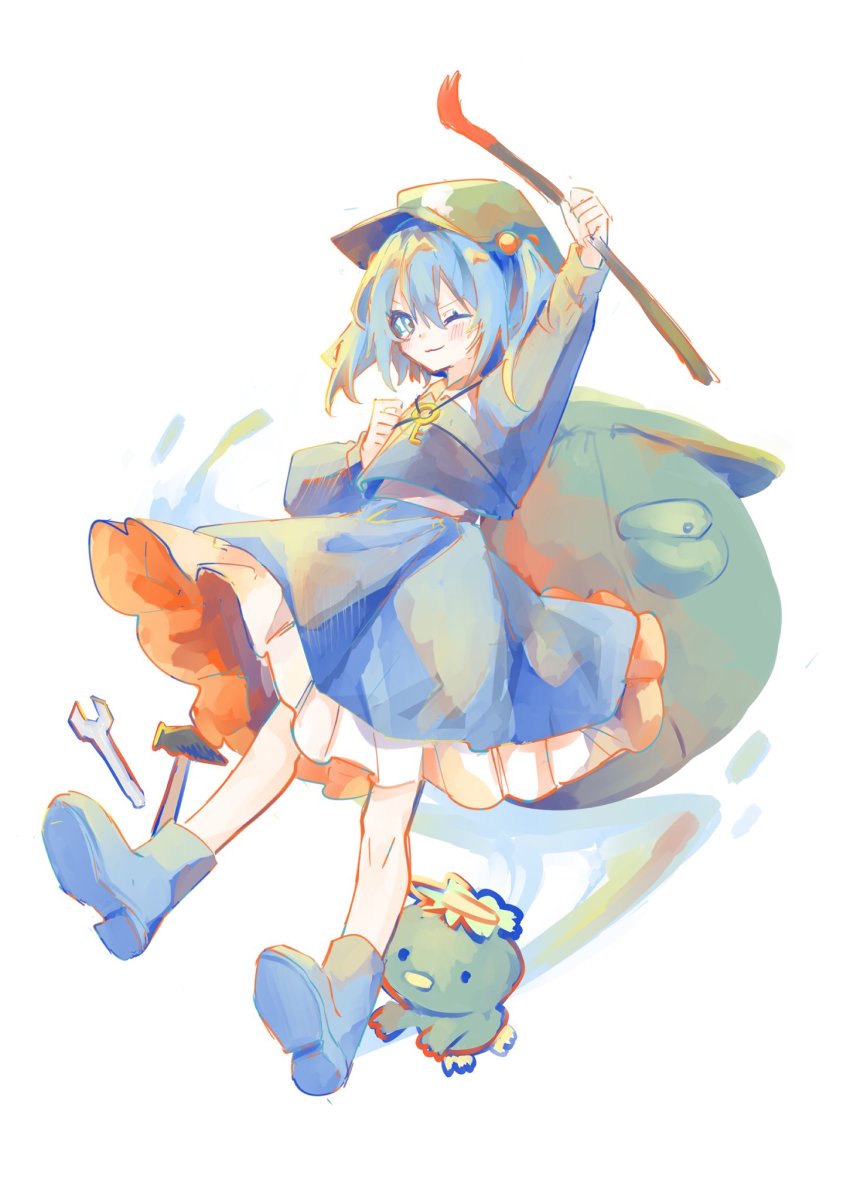1girl ;) arm_up backpack bag blue_boots blue_eyes blue_hair blue_shirt blue_skirt blush boots closed_mouth commentary crowbar flat_cap frilled_skirt frills full_body green_bag green_hat hair_between_eyes hammer hat highres holding holding_crowbar kappa kawashiro_nitori key looking_at_viewer medium_hair one_eye_closed rubber_boots sabatuki shirt simple_background skirt smile solo touhou v-shaped_eyebrows white_background wrench