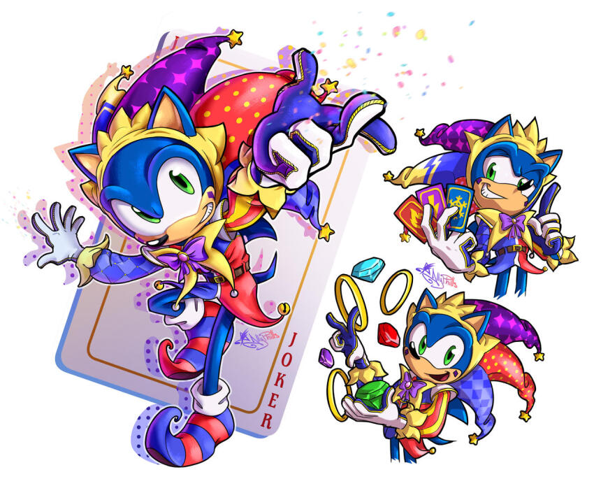 1boy chaos_emerald commentary english_commentary gloves green_eyes hat jester jester_cap jester_costume male_focus multicolored_hat open_mouth ring_(sonic) simple_background slliphylla smile solo sonic_(series) sonic_channel sonic_dash sonic_forces:_speed_battle sonic_the_hedgehog sonic_the_hedgehog_(jester) teeth tracy_yardley_(style)