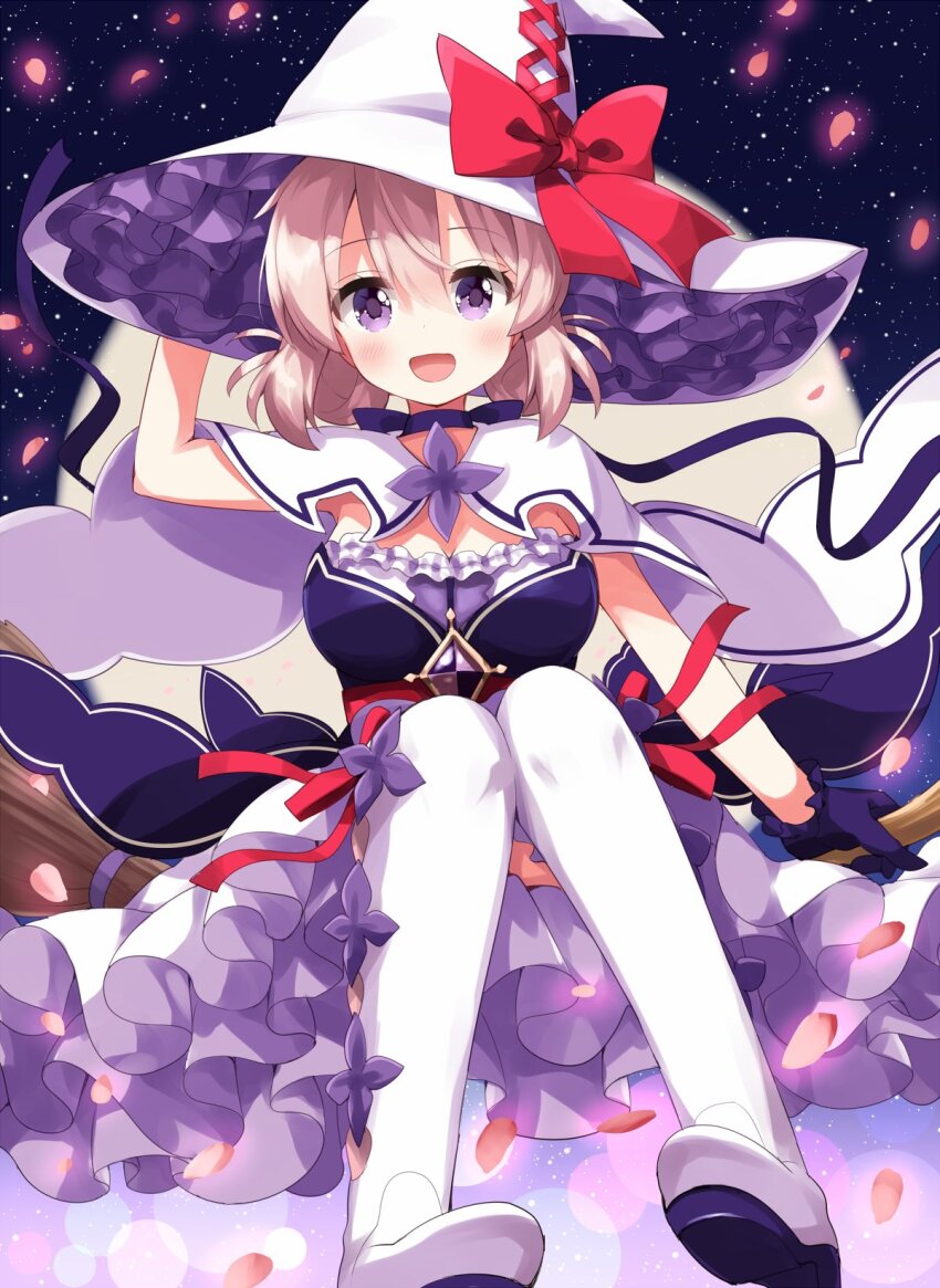1girl :d arm_up blush bow breasts broom broom_riding capelet choker cleavage commentary_request frilled_skirt frills full_body gloves hair_between_eyes hat hat_bow highres large_breasts looking_at_viewer majo_wa_mangetsu_ni_saku minato_shima open_mouth pink_hair purple_choker purple_eyes purple_gloves red_bow red_ribbon ribbon ruu_(tksymkw) shoes short_hair sitting skirt smile solo thighhighs white_capelet white_hat white_shoes white_skirt white_thighhighs witch_hat