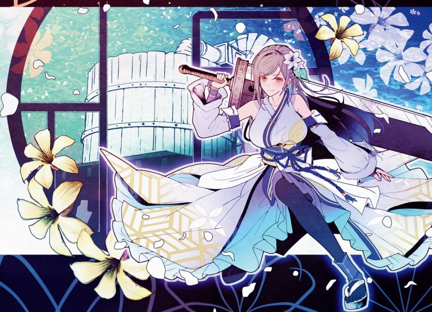 1girl bare_shoulders birthday black_hair black_pantyhose breasts buster_sword closed_mouth commentary_request detached_sleeves falling_petals final_fantasy final_fantasy_vii final_fantasy_vii_ever_crisis flower frilled_kimono frills full_body hair_flower hair_ornament holding holding_sword holding_weapon huge_weapon japanese_clothes kimono large_breasts long_hair mirrorclew nibelheim obi official_alternate_costume on_one_knee pantyhose petals red_eyes sash sleeveless sleeveless_kimono smile solo swept_bangs sword tifa_lockhart tifa_lockhart_(festive_blue_daffodil_attire) water water_tank water_tower weapon white_flower wide_sleeves yellow_flower