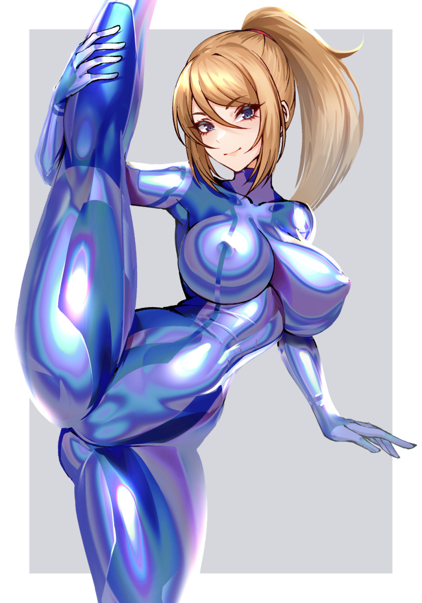 1girl ass blue_bodysuit blue_eyes bodysuit breasts closed_mouth commentary covered_erect_nipples curvy english_commentary gluteal_fold high_ponytail highres large_breasts large_variant_set long_hair looking_at_viewer metroid nintendo no_mole ponytail samus_aran skin_tight smile solo split standing standing_on_one_leg standing_split thighs variant_set very_long_hair volyz zero_suit
