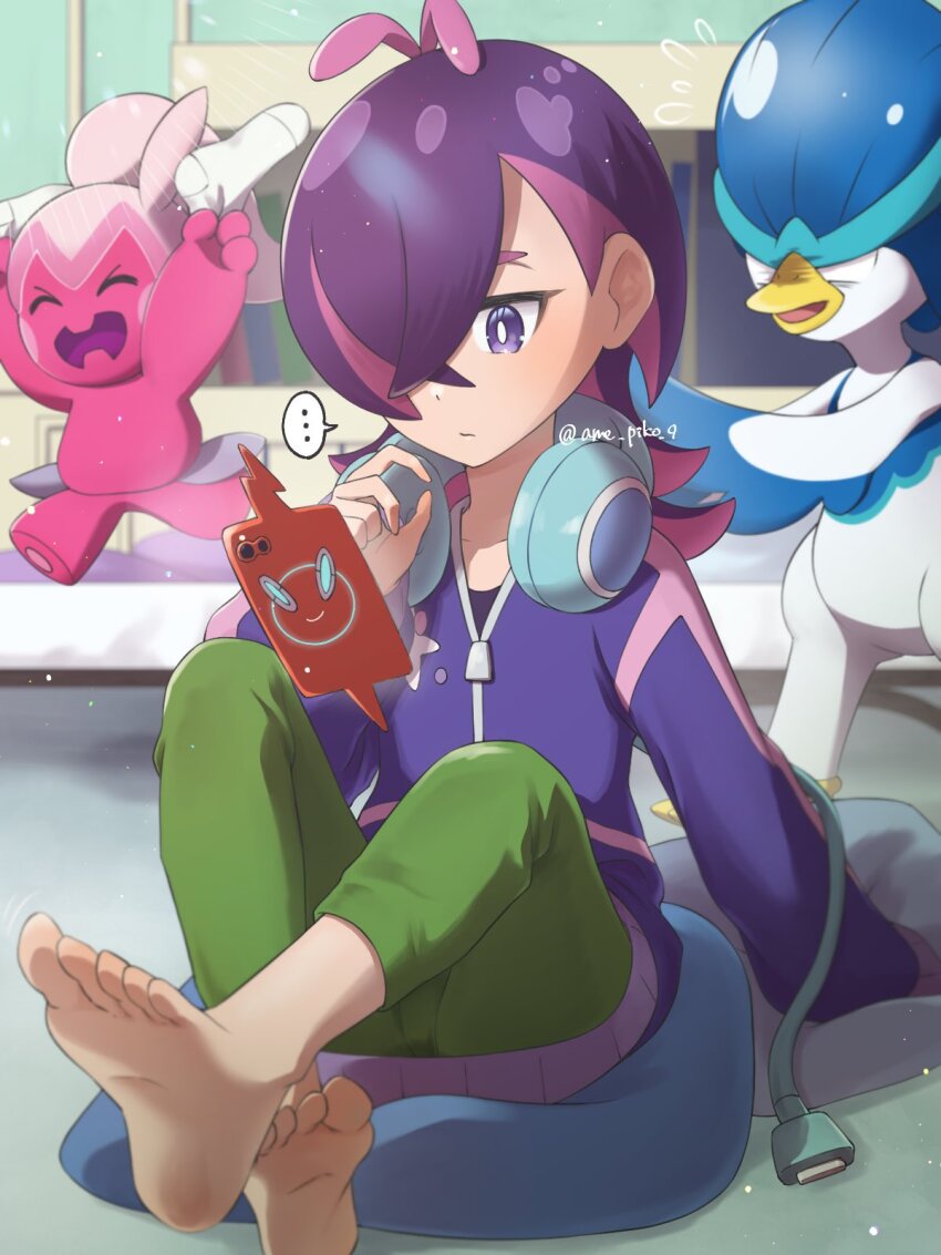 1girl ame_piko_9 barefoot bedroom cushion dot_(pokemon) feet gen_4_pokemon green_pants hair_over_one_eye headphones highres jacket multicolored_hair nintendo pants pokemon pokemon_(anime) pokemon_horizons purple_eyes purple_jacket quaxwell rotom rotom_phone running sitting sock soles tinkatuff toes twitter_username watermark zipper