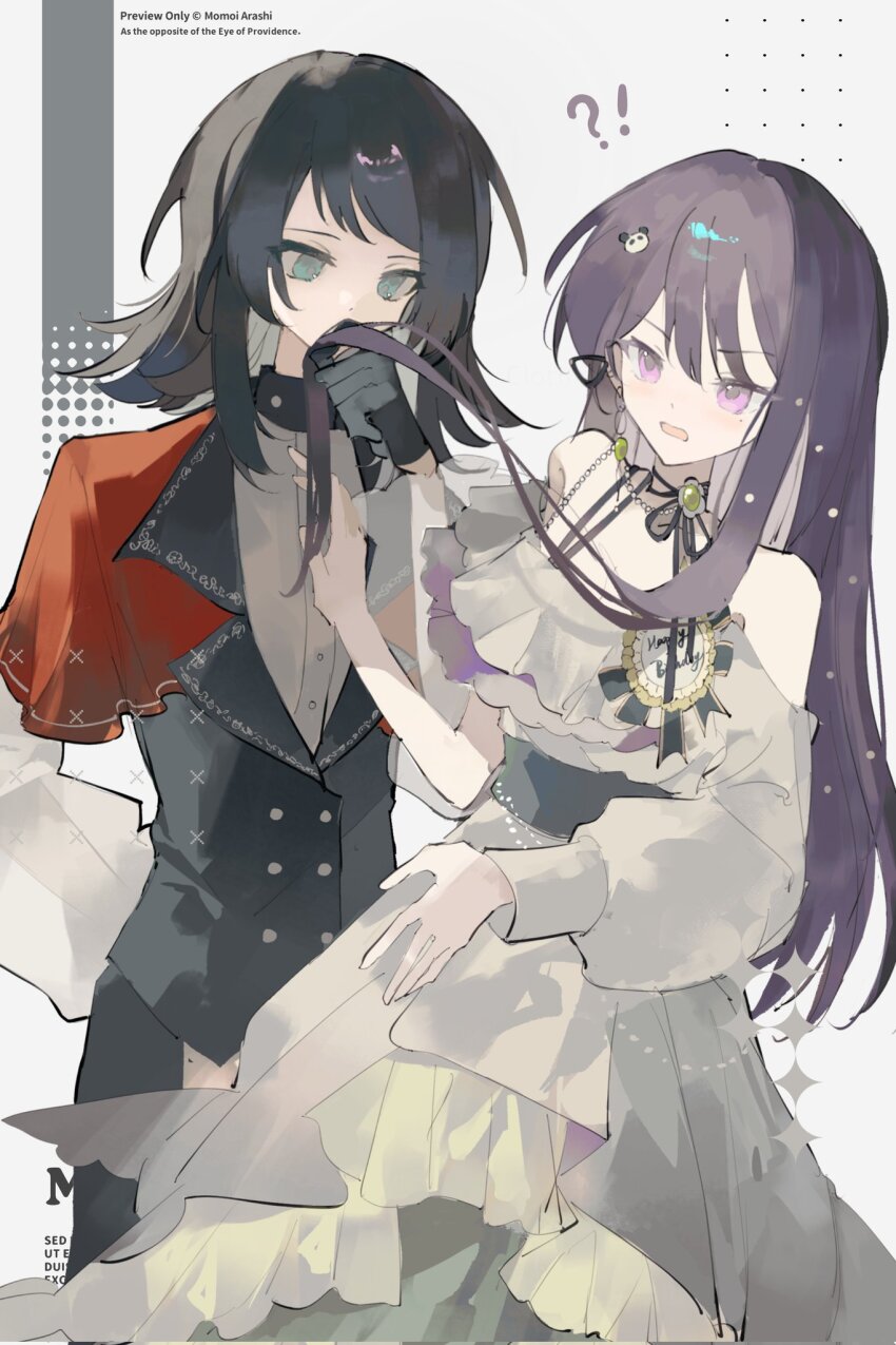 2girls artist_request bang_dream! bang_dream!_it&#039;s_mygo!!!!! black_gloves black_hair black_vest blue_eyes brown_hair capelet commission dress dress_shirt gloves hair_between_eyes hair_ornament highres long_hair long_sleeves medium_hair mole mole_under_eye multiple_girls off-shoulder_dress off_shoulder official_alternate_costume open_mouth panda_hair_ornament purple_eyes red_capelet second-party_source shiina_taki shirt smelling smelling_hair timoris_(bang_dream!) vest white_dress white_shirt yahata_umiri yuri