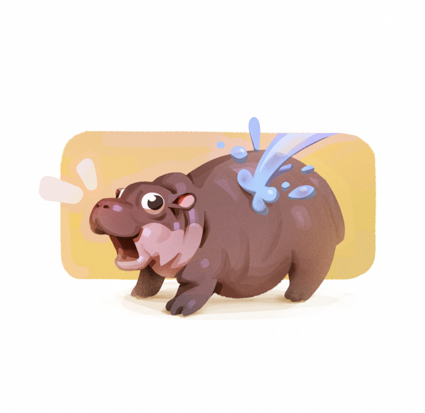 animal_focus baby_animal black_eyes commentary english_commentary highres hippopotamus moo_deng no_humans notice_lines open_mouth real_life shadow spec_(nick) surprised water