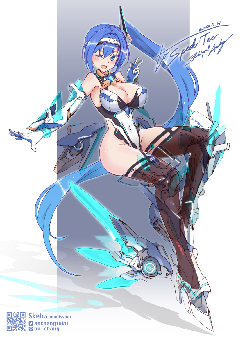 1girl ;d absurdly_long_hair an-chang bare_shoulders blue_eyes blue_hair blush boots breasts cleavage commission covered_navel dated elbow_gloves full_body gloves high_heels highleg highres large_breasts leotard long_hair looking_at_viewer mecha_musume mechanical_legs one_eye_closed open_mouth original qr_code science_fiction side_ponytail skeb_commission smile solo thighhighs v very_long_hair w white_gloves white_leotard