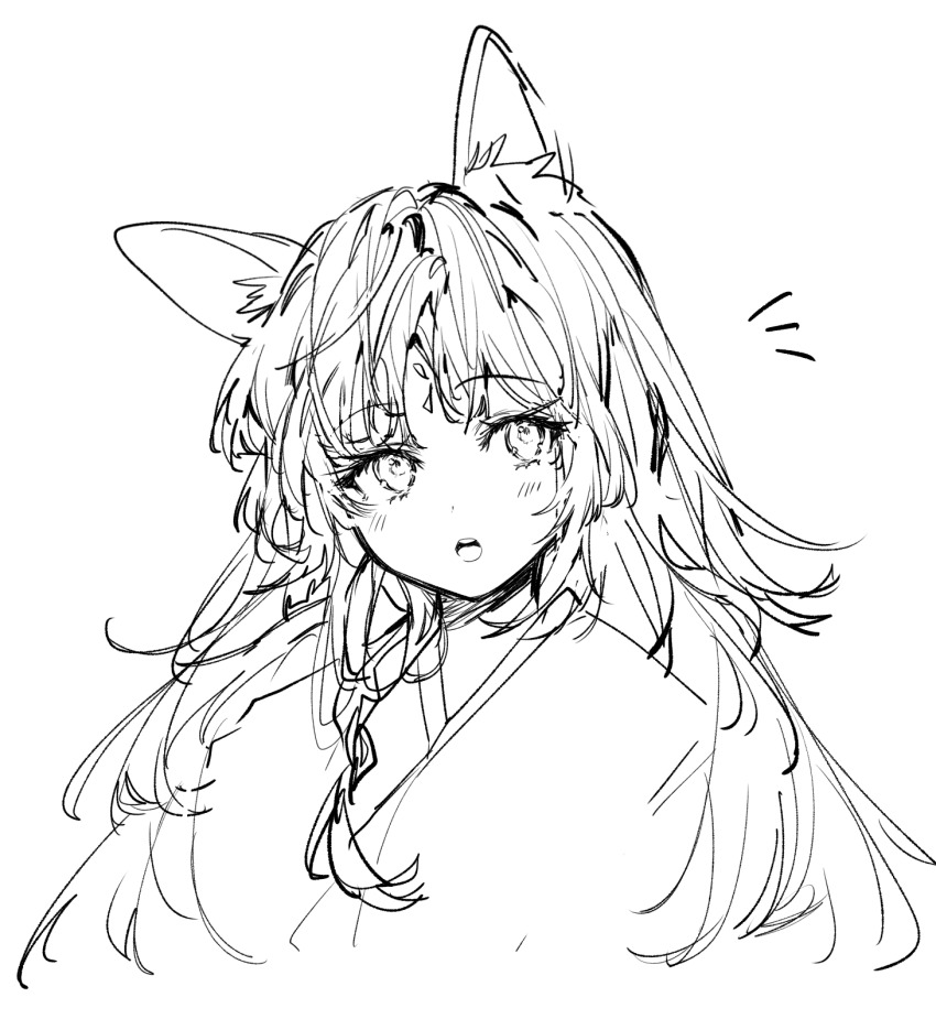 1girl 414_(hncx3355) animal_ear_fluff animal_ears arknights blush dog_ears facial_mark forehead_mark greyscale highres japanese_clothes kimono long_hair monochrome notice_lines open_mouth parted_bangs saga_(arknights) simple_background solo teeth upper_teeth_only white_background