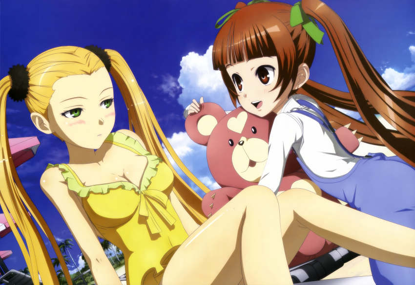 10s 2girls absurdres aoki_hagane_no_arpeggio beach bikini blonde_hair blush breasts brown_eyes brown_hair cleavage cloud day green_eyes haruna_(aoki_hagane_no_arpeggio) highres kirishima_(aoki_hagane_no_arpeggio) legs long_hair medium_breasts multiple_girls non-web_source nyantype official_art open_mouth osakabe_makie outdoors pout sky stuffed_animal stuffed_toy swimsuit teddy_bear twintails uetaka_masanori very_long_hair yotarou_(aoki_hagane_no_arpeggio)