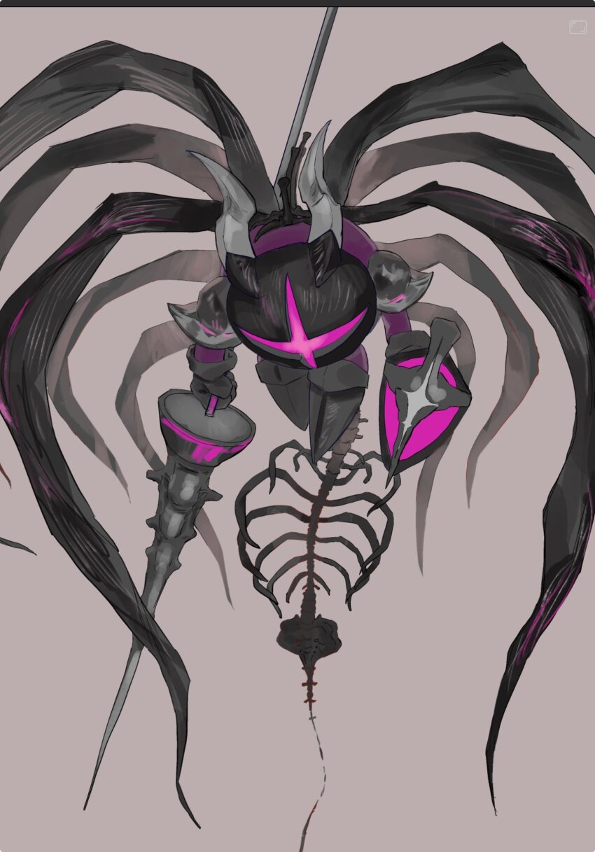 black_mask black_wings commentary_request fake_horns grey_background hgmercury highres holding holding_polearm holding_shield holding_weapon horns kirby_(series) lance multiple_wings nintendo pelvis polearm ribs shield simple_background spine weapon wings