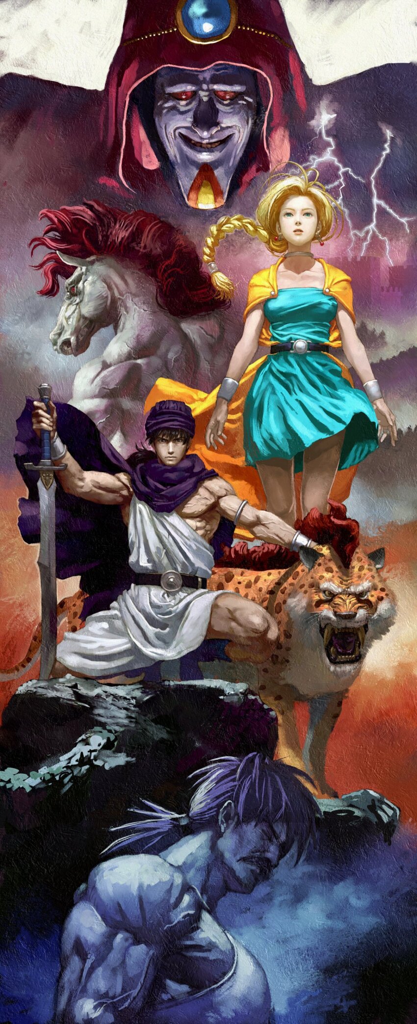 1girl 4boys absurdres aqua_dress belt bianca_(dq5) black_belt black_eyes black_hair blue_gemstone blue_skin borongo bracelet braid breasts brown_eyes cape cape_lift cloak closed_eyes closed_mouth clothes_lift collar colored_sclera colored_skin commentary dragon_quest dragon_quest_v dress dress_lift earrings facial_hair facial_mark fangs floating_hair gem gema green_eyes hero_(dq5) highres holding holding_sword holding_weapon hood hood_up hooded_cloak itou_satoshi jewelry jyami lightning long_hair looking_at_viewer looking_back low_ponytail mature_male medium_breasts multiple_boys muscular muscular_male mustache nipples nose open_mouth orange_cape papas ponytail purple_cape purple_cloak red_eyes red_hair rock sabertooth_cat shirt single_braid sleeveless sleeveless_shirt smile squatting standing sword teeth toga veins veiny_arms weapon werehorse white_shirt white_skin wind yellow_sclera
