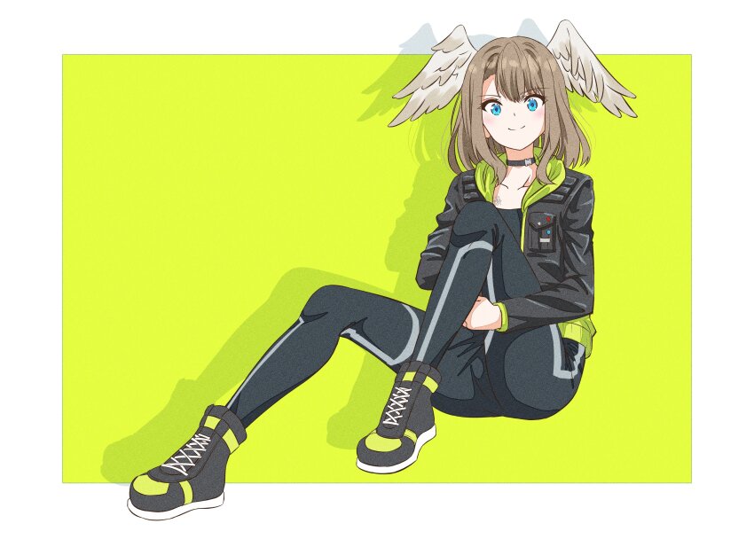 1girl absurdres asymmetrical_bangs black_bodysuit black_jacket blue_eyes bodysuit boots border brown_hair closed_mouth collarbone eunie_(xenoblade) green_background head_wings highres jacket kageyasu lace-up_boots looking_at_viewer medium_hair open_clothes open_jacket outside_border parted_bangs simple_background sitting smile solo white_border wings xenoblade_chronicles_(series) xenoblade_chronicles_3