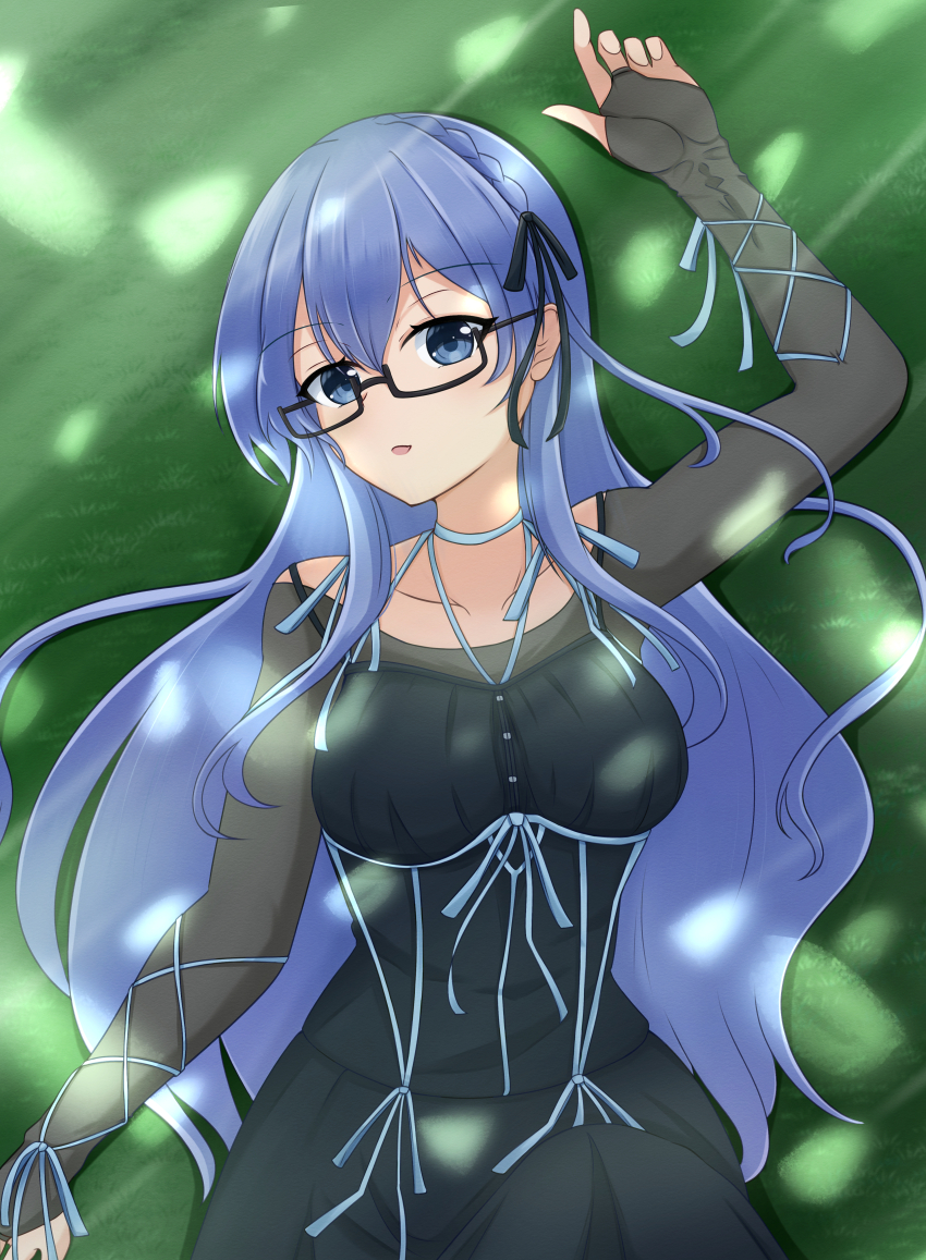 1girl 22/7 absurdres alternate_hair_ornament arm_up ato_de_wakaru_koto black-framed_eyewear black_dress black_ribbon blue_eyes blue_hair braid collarbone cowboy_shot dress from_above hair_ribbon highres light_blue_hair long_hair looking_at_viewer lying maruyama_akane on_back on_grass parted_lips rectangular_eyewear ribbon see-through_clothes see-through_sleeves semi-rimless_eyewear single_braid solo takumitu_711 tree_shade under-rim_eyewear white_ribbon