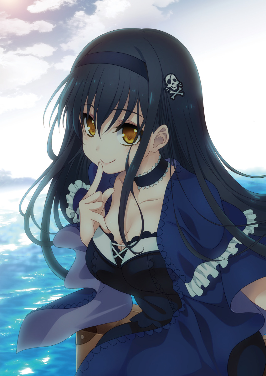 1girl backlighting black_choker black_hair black_hairband black_shirt black_skirt blue_capelet bone_hair_ornament breasts capelet choker cleavage closed_mouth collarbone commentary cowboy_shot day eyelashes finger_to_mouth floating_hair frilled_capelet frilled_choker frilled_shirt frills hair_between_eyes hair_ornament hairband hand_up highres index_finger_raised kawakami_shuuichi kushima_kamome large_breasts leaning_forward light_blush lips long_hair looking_at_viewer non-web_source ocean outdoors shirt sitting skirt skull_and_crossbones skull_hair_ornament smile solo straight_hair suitcase summer_pockets tareme very_long_hair yellow_eyes