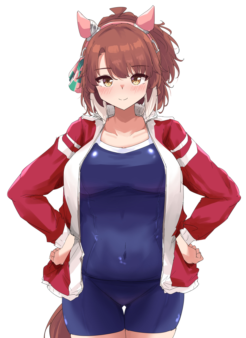 1girl absurdres blue_one-piece_swimsuit blush breasts brown_hair covered_navel dantsu_flame_(umamusume) gryebooks highres horse_girl horse_tail jacket large_breasts looking_at_viewer multicolored_hair one-piece_swimsuit open_clothes open_jacket simple_background smile solo swimsuit tail tracen_swimsuit tracen_training_uniform two-tone_hair umamusume white_background white_hair yellow_eyes