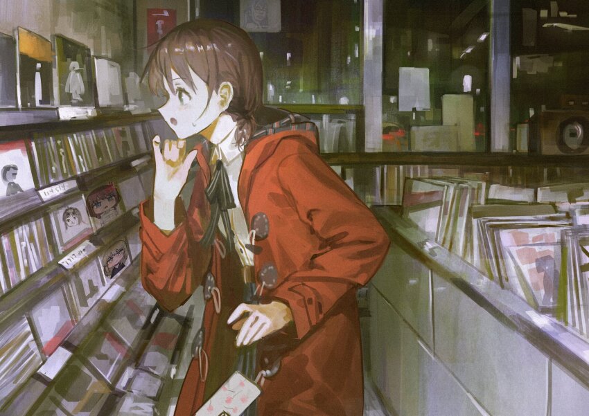 1girl awa_subaru black_ribbon blue_eyes brown_hair commentary_request girls_band_cry highres hood hood_down hooded_jacket indoors iseri_nina jacket kawaragi_momoka low_twintails lunifish neck_ribbon open_mouth record_store red_jacket ribbon shirt shop short_hair short_twintails solo sweatdrop twintails white_shirt