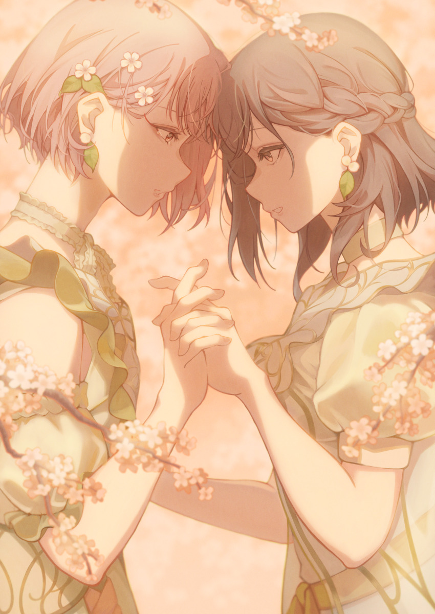 1girl 1other 5101to3 absurdres akiyama_mizuki braid brown_hair collar commentary_request couple detached_sleeves dress earrings eye_contact eyelashes flower forehead-to-forehead frilled_collar frilled_dress frills hair_flower hair_ornament half_up_braid hands_up heads_together highres interlocked_fingers jewelry leaf_earrings looking_at_another medium_hair other_with_female parted_lips pearl_earrings pink_hair project_sekai puffy_short_sleeves puffy_sleeves shinonome_ena short_hair short_sleeves sideways_mouth sleeveless sleeveless_dress standing tearing_up upper_body warm_colored white_dress
