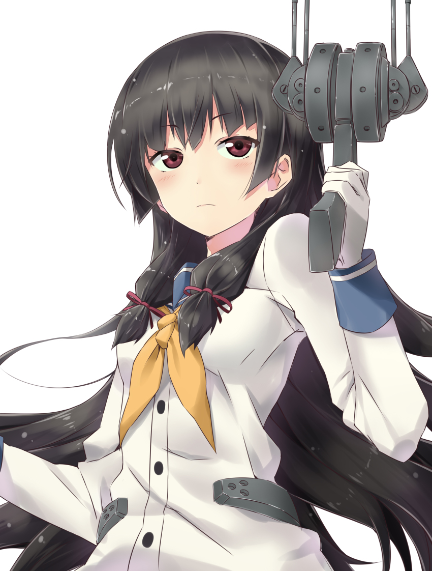 10s 1girl absurdres black_hair female_focus gloves gun hair_ribbon highres isokaze_(kancolle) kantai_collection long_hair red_eyes ribbon school_uniform serafuku solo takahan weapon