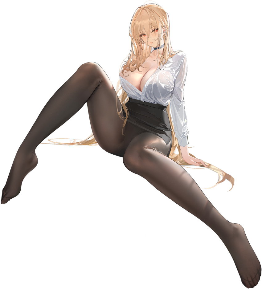1girl azur_lane black_choker black_pantyhose black_skirt blonde_hair breasts choker cleavage feet glasses hair_between_eyes hair_spread_out highres implacable_(azur_lane) implacable_(shepherd_of_the_&quot;lost&quot;)_(azur_lane) kincora large_breasts legs long_hair long_sleeves no_shoes official_alternate_costume panties pantyhose red_eyes shirt sitting skirt thighs toes transparent_background underwear wet wet_clothes white_panties white_shirt