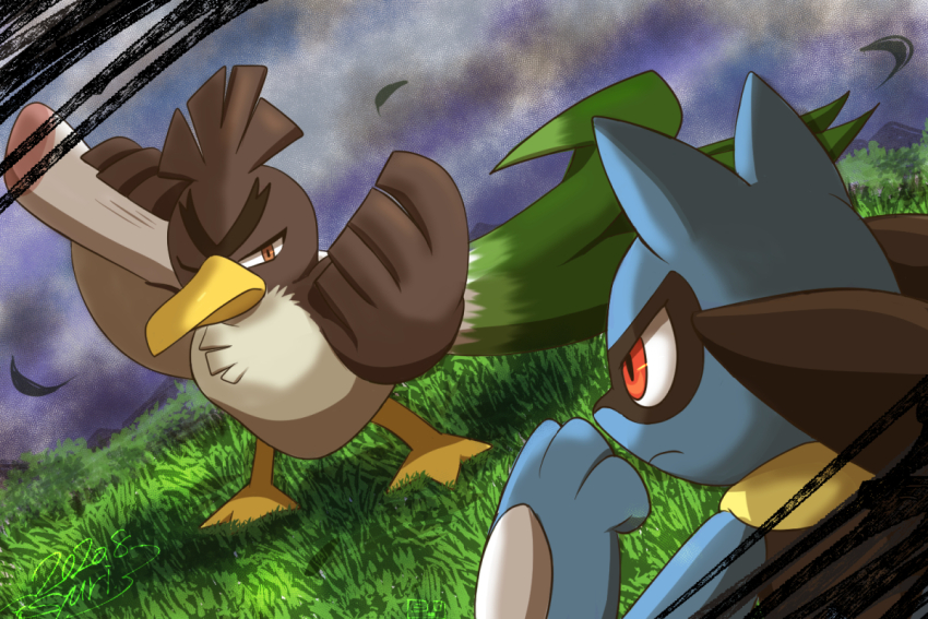 beckoning brown_eyes closed_mouth dated fighting_stance food galarian_farfetch&#039;d galarian_form gen_4_pokemon gen_8_pokemon holding holding_food holding_vegetable leaf nintendo no_humans on_grass one_eye_closed outdoors over_shoulder pokemon pokemon_(creature) red_eyes riolu shuri_(syurigame) signature spring_onion thick_eyebrows v-shaped_eyebrows vegetable