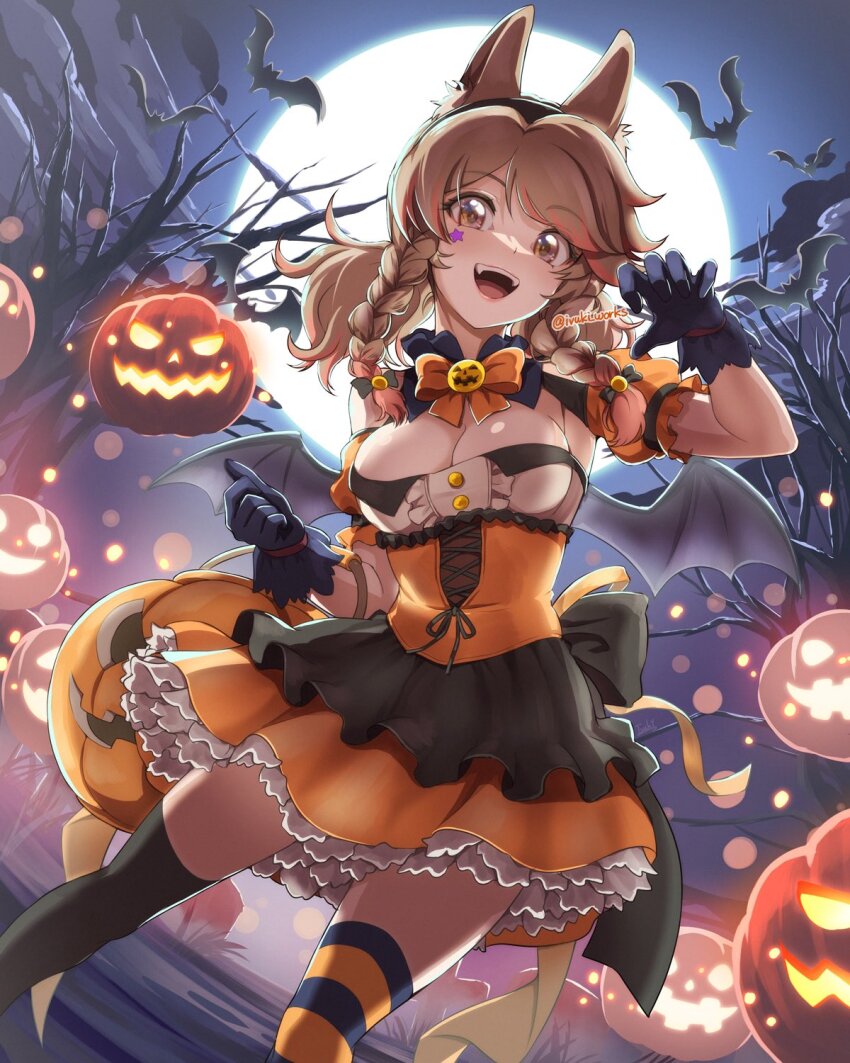 1girl :d animal_ear_fluff animal_ears asymmetrical_legwear bare_tree bat_(animal) black_dress black_gloves black_hairband black_thighhighs blurry bokeh braid breasts brown_eyes buttons claw_pose cleavage cleavage_cutout clothing_cutout cloud depth_of_field dress frilled_dress frills full_moon gloves hairband halloween highres ivuki jack-o&#039;-lantern light_brown_hair light_particles long_hair looking_at_viewer medium_breasts mismatched_legwear moon night night_sky open_mouth orange_dress orange_thighhighs original outdoors puffy_short_sleeves puffy_sleeves short_sleeves sky smile solo standing striped_clothes striped_thighhighs teeth thighhighs thighs tree twin_braids twintails twitter_username two-tone_dress upper_teeth_only
