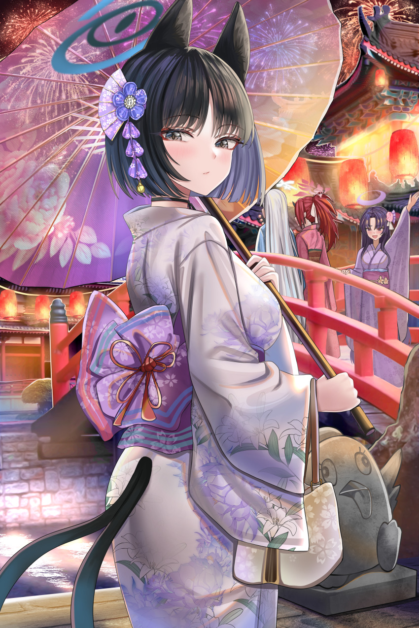 4girls absurdres alternate_costume animal_ears black_eyes black_hair blue_archive blue_halo cat_ears cat_tail floral_print floral_print_kimono hair_ornament halo highres holding holding_umbrella japanese_clothes jinpaitugounan kikyou_(blue_archive) kimono multiple_girls multiple_tails nagusa_(blue_archive) print_kimono red_eyes renge_(blue_archive) short_hair tail two_tails umbrella yukari_(blue_archive) yukata