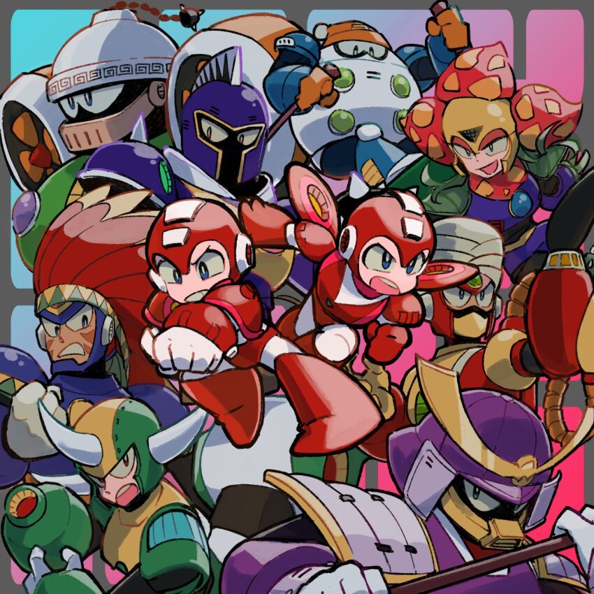 1278mkyp 6+boys arm_cannon armor blizzard_man centaur centaur_man clenched_hand commentary everyone fake_horns flame_man flying full_body helmet highres holding holding_polearm holding_weapon horned_helmet horns japanese_armor knight_man looking_at_viewer male_focus mega_man_(character) mega_man_(classic) mega_man_(series) mega_man_6 multiple_boys no_mouth plant_man polearm robot super_mega_man_(mega_man) taur tomahawk_man upper_body weapon wind_man yamato_man