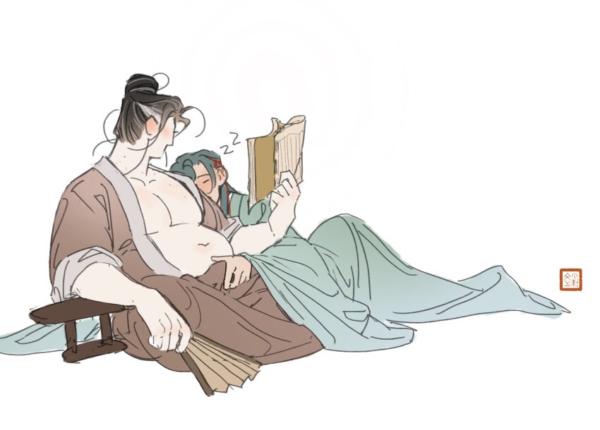 1boy 1girl absurdres aqua_hanfu breasts brown_hanfu bulge chinese_clothes copyright_request erection erection_under_clothes fat fat_man folding_fan green_hair hand_fan handjob handjob_over_clothes hanfu highres mole mole_on_breast wenwen_(ww4zd) zhijupao