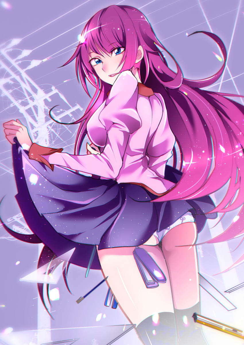 1girl absurdres ass bakemonogatari black_socks blue_eyes blurry blurry_foreground blush boxcutter breasts chromatic_aberration clothes_lift collar commentary_request feet_out_of_frame from_behind hair_between_eyes highres holding juliet_sleeves kneehighs large_breasts lens_flare lifting_own_clothes long_hair long_sleeves looking_at_viewer looking_back mitsuki_tayura monogatari_(series) naoetsu_high_school_uniform nose_blush panties parted_lips partial_commentary pink_shirt pleated_skirt power_lines print_panties puffy_sleeves purple_hair red_collar ruler school_uniform senjougahara_hitagi senjougahara_pose set_square shiny_skin shirt sidelocks skirt skirt_lift sleeve_cuffs socks solo sparkle standing stapler stationery thighs underwear utility_pole very_long_hair wedgie