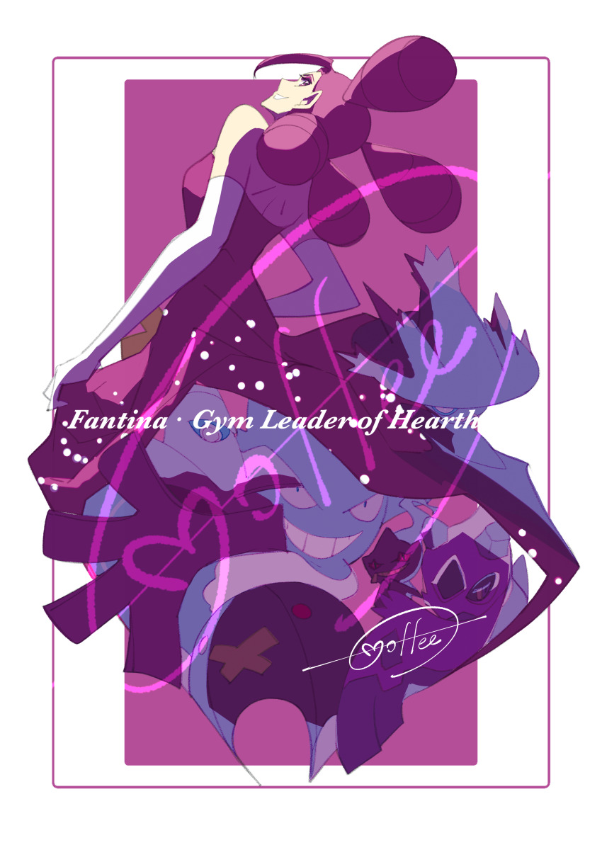 1girl absurdres border cccacademia character_name commentary_request dress drifblim dusknoir elbow_gloves fantina_(pokemon) froslass gen_1_pokemon gen_4_pokemon gengar gloves grin highres looking_back mismagius nintendo pokemon pokemon_(creature) pokemon_dppt purple_background purple_dress purple_hair quad_tails shoulder_blades signature sleeveless sleeveless_dress smile teeth white_border white_gloves