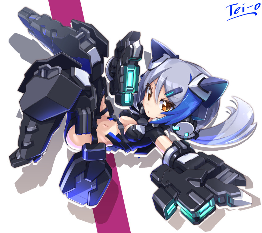 1girl artist_name blue_hair boots breasts brown_eyes cleavage drop_shadow grey_hair gun hair_between_eyes hair_ornament hairclip headgear highres holding holding_weapon long_hair looking_at_viewer low_ponytail mecha_musume medium_breasts multicolored_hair navel original ponytail shadow signature small_breasts solo tei-o two-tone_hair weapon white_background