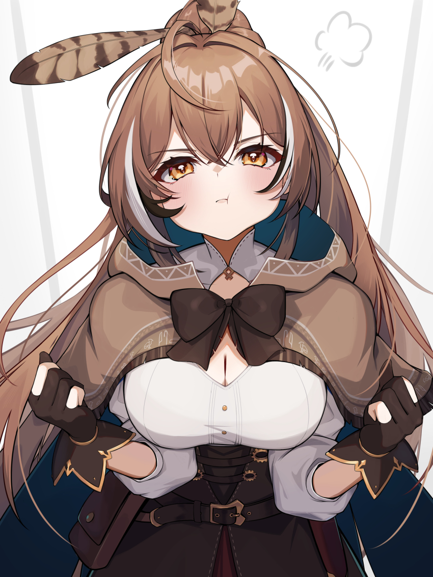 1girl :t absurdres ahoge black_hair blush bow bowtie breasts brown_bow brown_bowtie brown_cloak brown_corset brown_eyes brown_gloves brown_hair clenched_hands cloak corset crossed_bangs feather_hair_ornament feathers gloves h4kuuua_0 hair_between_eyes hair_ornament hashtag-only_commentary highres hololive hololive_english hood hooded_cloak large_breasts long_hair looking_at_viewer multicolored_hair nanashi_mumei nanashi_mumei_(1st_costume) partially_fingerless_gloves pout puff_of_air shirt solo streaked_hair three-quarter_sleeves upper_body very_long_hair virtual_youtuber white_hair white_shirt