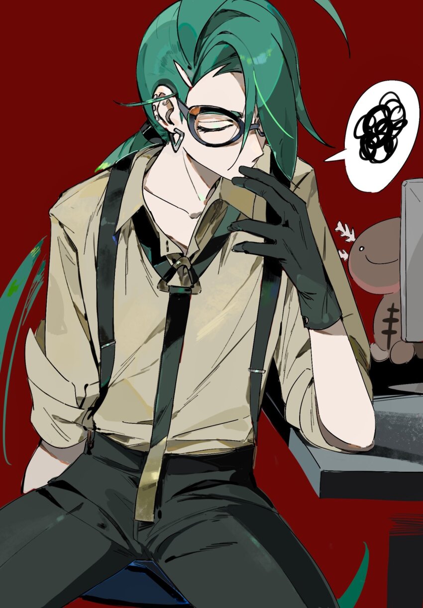 1girl ahoge black-framed_eyewear black_necktie black_pants chair closed_eyes collarbone collared_shirt commentary_request creatures_(company) desk earrings game_freak geetasdog glasses gloves green_hair highres jewelry long_hair necktie nintendo paldean_wooper pants pokemon pokemon_(creature) pokemon_sv red_background rika_(pokemon) shirt sitting spoken_squiggle squiggle stud_earrings suspenders