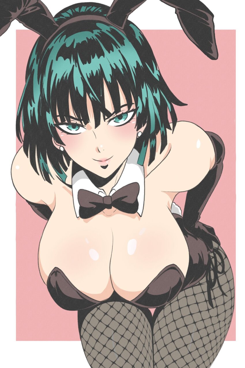 1girl animal_ears bent_over black_bow black_bowtie black_eyeliner black_eyeshadow black_gloves black_hair black_leotard black_lips bob_cut bow bowtie breasts cleavage detached_collar downblouse easter elbow_gloves eyeliner eyeshadow fake_animal_ears fake_tail female_focus fishnet_pantyhose fishnets fubuki_(one-punch_man) gloves green_eyes green_hair green_leotard hairband highres large_breasts leotard looking_at_viewer makeup matching_hair/eyes one-punch_man pantyhose playboy_bunny rabbit_ears rabbit_tail short_hair side-tie_leotard smile solo strapless strapless_leotard tail traditional_bowtie windriftdraws