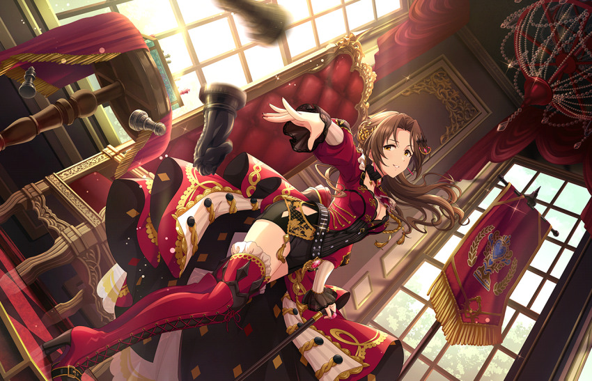 1girl banner boots breasts brown_hair cane chair chandelier chess_piece cleavage forehead game_cg hair_ornament high_heel_boots high_heels idolmaster idolmaster_cinderella_girls idolmaster_cinderella_girls_starlight_stage kawashima_mizuki lace-up_boots medium_breasts nail_polish official_art short_shorts shorts smile solo table teeth thigh_boots window yellow_eyes