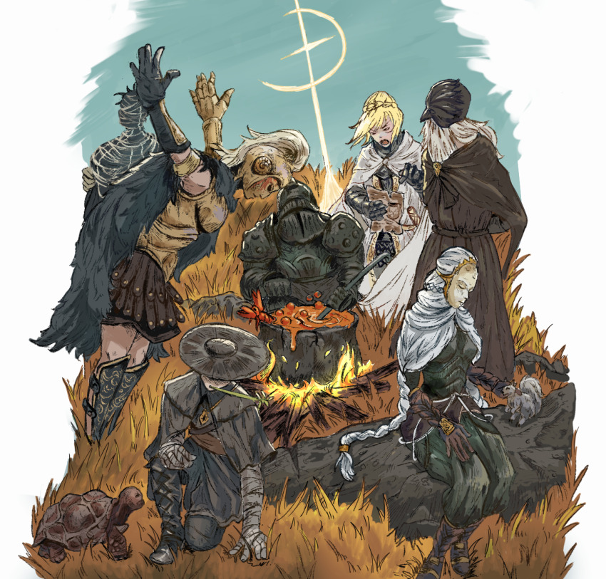 2girls 5boys animal armor bandaged_arm bandages black_cloak blonde_hair braid breastplate campfire cape cloak dryleaf_dane elden_ring elden_ring:_shadow_of_the_erdtree food full_armor fur_cape gauntlets hat helmet highres hornsent_(elden_ring) mask moore_(elden_ring) multiple_boys multiple_girls needle_knight_leda on_grass redmane_freyja sir_ansbach squirrel tanoy thiollier_(elden_ring) turtle white_cloak white_hair