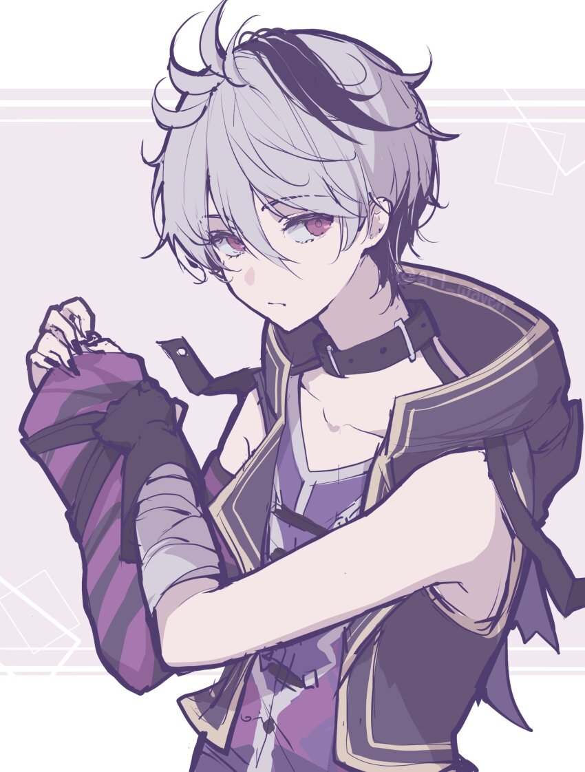 1girl absurdres androgynous antenna_hair arm_warmers art_waven bandaged_arm bandages bare_shoulders black_arm_warmers black_collar black_gloves black_hair black_jacket black_nails closed_mouth collar collarbone colored_inner_hair commentary double-parted_bangs flat_chest flower_(vocaloid) flower_(vocaloid4) gloves grey_hair hair_between_eyes hand_on_own_arm highres hood hood_down hooded_jacket jacket letterboxed light_frown looking_at_viewer multicolored_hair nail_polish open_clothes open_jacket outside_border pink_background pink_eyes purple_arm_warmers purple_shirt serious shirt short_hair sideways_glance simple_background single_arm_warmer single_glove sleeveless sleeveless_jacket sleeveless_shirt solo square streaked_hair striped_arm_warmers two-tone_hair upper_body v-neck vocaloid