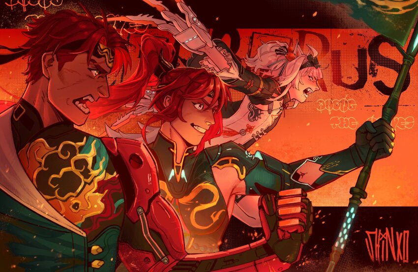 1boy 2girls ahoge animal_ears arm_cutout armored_gloves armpit_cutout banner black_headband black_shirt chinese_clothes claws clothing_cutout fangs grin hair_between_eyes headband high_ponytail highres holding holding_banner holding_polearm holding_weapon maomango_doodle masculine_woman mechanical_arms mechanical_ears multiple_girls no._21:_feral_scent_(pgr) no._21_(pgr) noctis_(pgr) official_alternate_costume official_alternate_hair_length official_alternate_hairstyle open_mouth orange_pom_poms polearm ponytail punishing:_gray_raven red_eyes red_hair scar scar_on_face shirt sidelocks signature single_mechanical_arm smile tail twintails vera:_garnet_(pgr) vera_(pgr) weapon wolf_ears wolf_tail