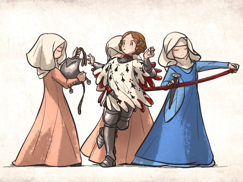 4girls armor belt blue_dress braid braided_bun breastplate brown_hair capelet chainmail closed_eyes closed_mouth commentary couter cuisses dagger dress english_commentary ermine_(heraldry) greaves green_eyes grey_footwear hair_bun holding holding_belt holding_dagger holding_knife holding_sheath holding_unworn_clothes holding_weapon ironlily knife knight lady_johnna_(ironlily) layered_armor looking_to_the_side medieval multiple_girls ordo_mediare_sisters_(ironlily) pink_dress poleyn removing_belt rerebrace sabaton scabbard sheath simple_background standing standing_on_one_leg undressing_another vambraces weapon white_capelet wimple