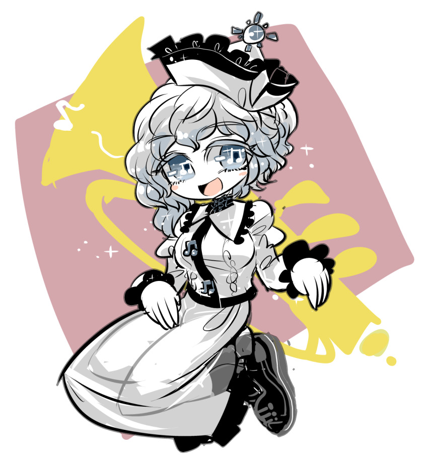 1girl :d asymmetrical_hair black_shoes blue_eyes blush_stickers bright_pupils collared_shirt commentary eighth_note frilled_shirt_collar frills full_body hat highres instrument juliet_sleeves long_sleeves looking_at_viewer medium_hair merlin_prismriver musical_note musical_note-shaped_pupils open_mouth puffy_sleeves shirt shoes silver_hair sixteenth_note skirt skirt_set smile solo symbol-shaped_pupils touhou trumpet white_hat white_pupils white_shirt white_skirt yt_(wai-tei)