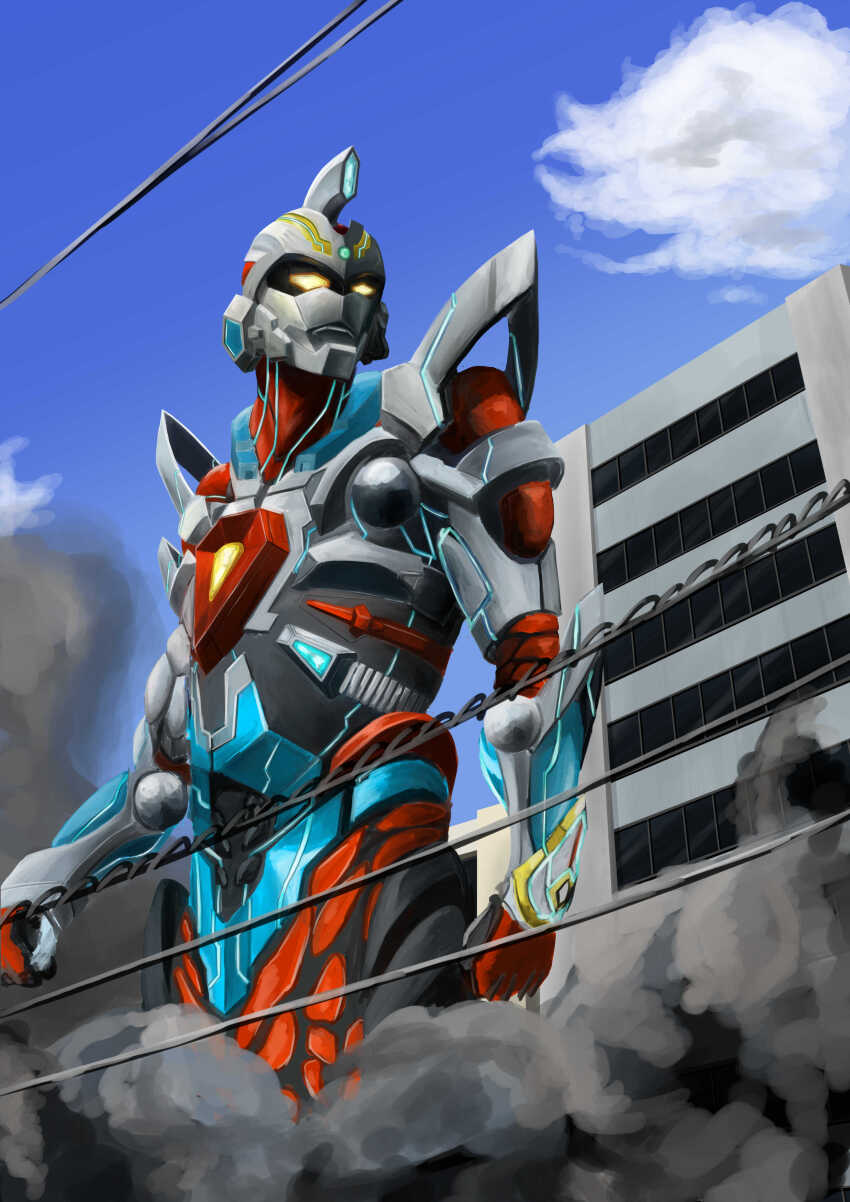 1boy absurdres acceptor armor black_armor blue_armor blue_sky breastplate building city cityscape clenched_hands cloud cloudy_sky commentary cowboy_shot day dust_cloud english_commentary forehead_jewel full_armor gattyo gauntlets gem giant glowing glowing_eyes green_gemstone gridman_(ssss) gridman_universe highres looking_ahead male_focus mecha multicolored_armor outdoors power_lines red_armor robot shoulder_armor shoulder_pads silver_armor sky smoke smoke_trail solo ssss.gridman standing tokusatsu toned toned_male yellow_eyes